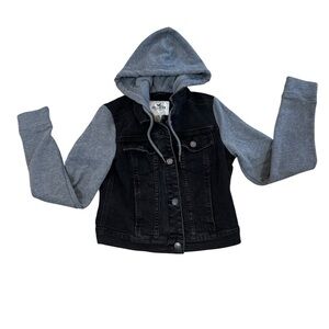 Hollister black & gray denim jean hoodie crop jacket, button down, pockets, XS.